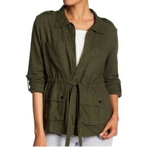 Sanctuary Explorer Army Green Linen Drawstring Waist Cargo Pocket Utility Jacket